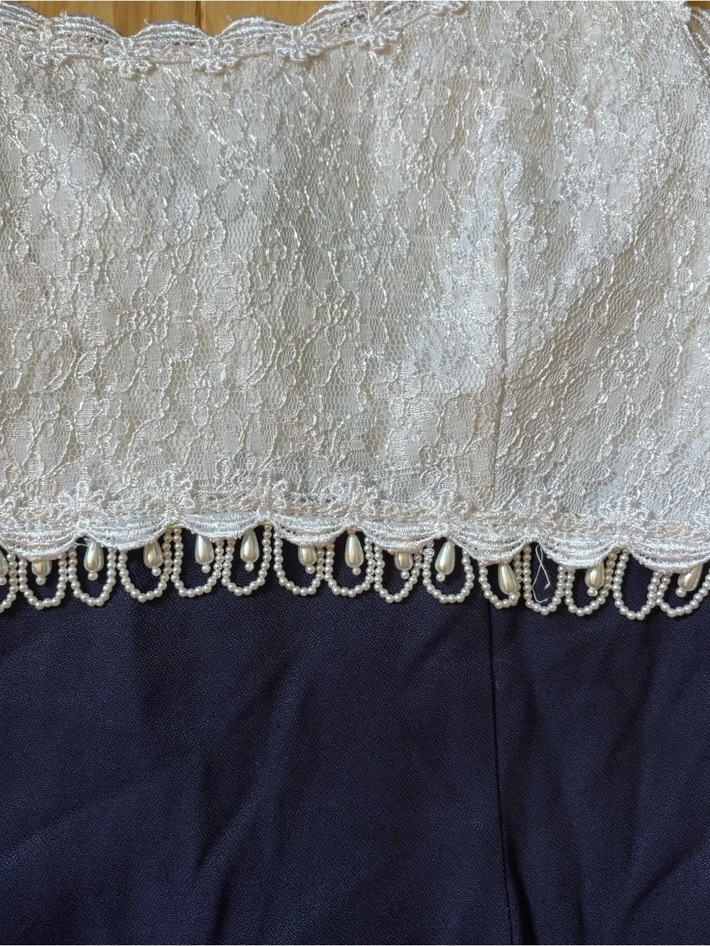 Vintage 90’s Loralie Original White Lace Bust Pearl Embellished Blue Maxi Dress